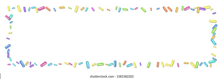 Sprinkle with grains of desserts. Abstract horizontal frame with sprinkles grainy on a white background. Design for holiday designs, party, birthday, invitation, web poster. Vector sweet confetti