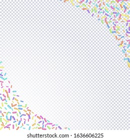 Sprinkle with grains of desserts. Abstract horizontal pattern with sprinkles grainy on a white background. Design for holiday designs, party, birthday, invitation, web poster. Vector sweet confetti