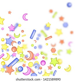 Sprinkle with grains of desserts. Abstract pattern with sharp stars,  moon, circles on a blurry grainy background. Design for holiday designs, party, birthday, invitation. Vector sweet confetti 