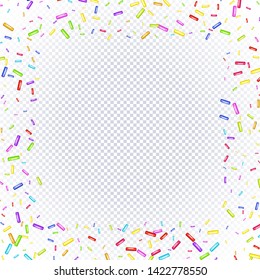 Sprinkle with grains of desserts. Abstract pattern with sharp stars, moon, circles on a transparent background. Design for holiday designs, party, birthday, invitation. Vector sweet confetti