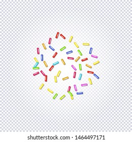 Sprinkle with grains of desserts. Abstract pattern with sprinkles grainy on a transparent background. Design for holiday designs, party, birthday, invitation. Vector sweet confetti