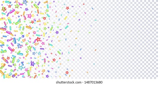 Sprinkle with grains of desserts. Abstract pattern with sharp stars, moon, circles on a transparent background. Design for holiday designs, party, birthday, invitation. Vector sweet confetti