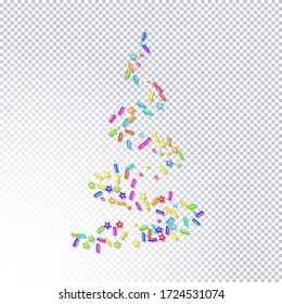 Sprinkle with grains of desserts. Abstract pattern bright colorful sprinkles grainy with shadow isolated on transparent. Design for holiday designs, party, birthday, invitation. Vector sweet confetti