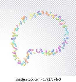 Sprinkle mit Dessertgetreide. Abstraktes Muster helle bunter Sprinklen grainy mit Schatten einzeln auf transparent. Design für Feiertage, Party, Geburtstag, Einladung. Vektor-Süßigkeiten