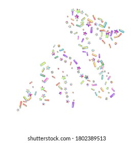 Rociar con granos de postres. Patrón abstracto con granos dulces de colores realistas de varias formas sobre blanco. Diseño para diseños de vacaciones, fiesta, cumpleaños, invitación. Vector 3d dulce confetti