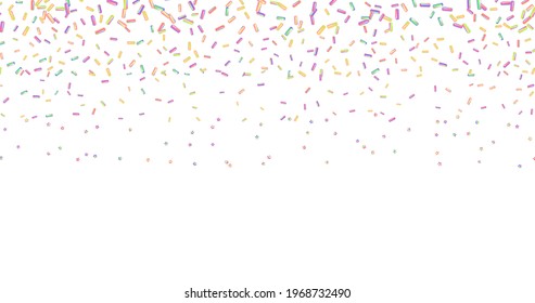 Sprinkle with grains of desserts. Abstract pattern with realistic colorful sweet grains on white background. Design for holiday designs, party, birthday, invitation. Vector 3d sweet confetti