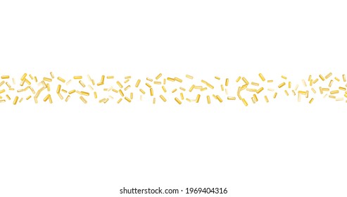 Rociar con granos de postres. Patrón abstracto con granos dulces de oro realistas sobre fondo blanco. Diseño para diseños de vacaciones, fiesta, cumpleaños, invitación. Vector 3d dulce confetti
