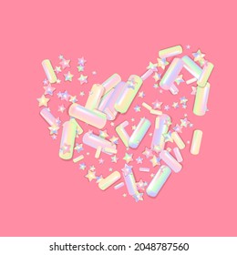 Sprinkle with grains of desserts. Abstract pattern in shape of heart with realistic colorful sweet grains on pink. Design for holiday designs, party, birthday, invitation. Vector 3d sweet confetti