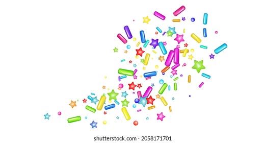  Sprinkle with grains of desserts. Abstract pattern with realistic colorful sweet grains on white background. Design for holiday designs, party, birthday, invitation. Vector 3d sweet confetti