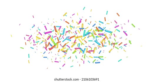 Sprinkle with grains of desserts. Abstract pattern with realistic colorful sweet grains on white background. Design for holiday designs, party, birthday, invitation. Vector 3d sweet confetti