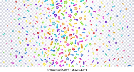Sprinkle with grains of desserts. Abstract seamless pattern with sharp stars, moon, circles on a transparent background. Design for holiday designs, party, birthday, invitation. Vector sweet confetti