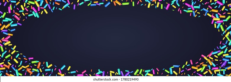 Sprinkle with grains of desserts. Horizontal pattern with realistic colorful sweet grains isolated on dark. Design for holiday designs, party, birthday, invitation. Vector 3d sweet confetti