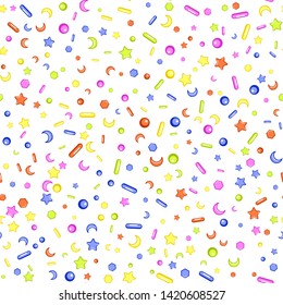 Sprinkle with grains of desserts. Seamless abstract pattern with sharp stars,  moon, circles on white background. Design for holiday designs, party, birthday, invitation. Vector sweet confetti 