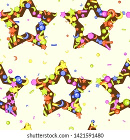 Sprinkle with grains of desserts. Seamless abstract pattern with sharp stars,  moon, circles on chocolate donuts. Design for holiday designs, party, birthday, invitation. Vector sweet confetti 