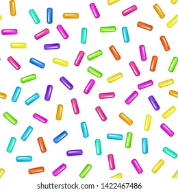 Sprinkle with grains of desserts. Seamless abstract pattern with sprinkles grainy on white background. Design for holiday designs, party, birthday, invitation. Vector sweet confetti 