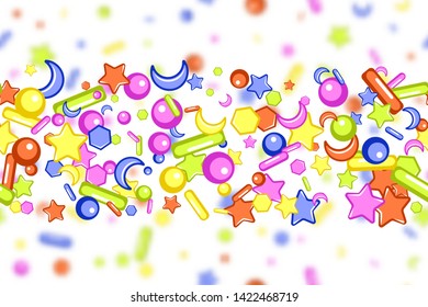 Sprinkle with grains of desserts. Seamless abstract pattern with sharp stars,  moon, circles on a blurry grainy background. Design for holiday designs, party, birthday, invitation. Vector  