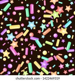 Sprinkle with grains of desserts. Seamless abstract pattern with sharp stars,  moon, circles on on the background of black chocolate. Design for holiday designs, party, birthday, invitation. Vector 