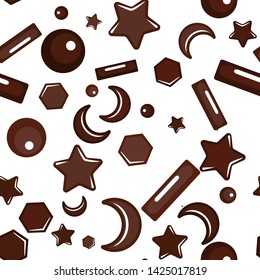 Sprinkle with grains of desserts. Seamless abstract pattern chocolate squirting grains on white background. Design for holiday designs, party, birthday, invitation. Vector sweet confetti 