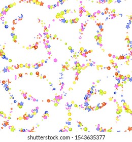 Sprinkle with grains of desserts. Seamless abstract pattern with sharp stars,  moon, circles on white background. Design for holiday designs, party, birthday, invitation. Vector sweet confetti 