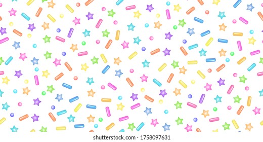 Sprinkle with grains of desserts. Seamless abstract pattern with realistic colorful sweet grains on white background. Design for holiday designs, party, birthday, invitation. Vector  3d sweet confetti