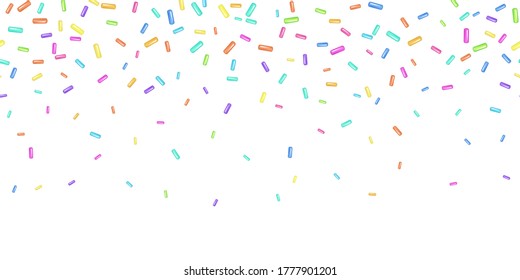 Sprinkle with grains of desserts. Seamless abstract pattern with realistic colorful sweet grains on white background. Design for holiday designs, party, birthday, invitation. Vector 3d sweet confetti