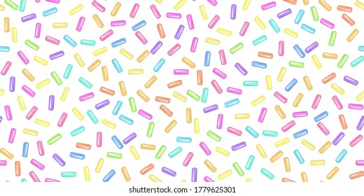 Sprinkle with grains of desserts. Seamless abstract pattern with realistic colorful sweet grains on white background. Design for holiday designs, party, birthday, invitation. Vector 3d sweet confetti