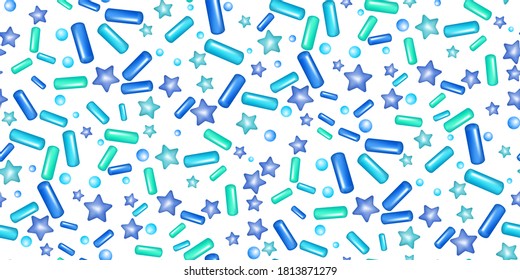 Sprinkle with grains of desserts. Seamless abstract pattern with realistic sweet grains in blue colors on white. Design for holiday designs, party, birthday, invitation. Vector 3d sweet confetti