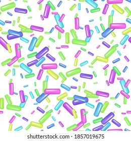 Sprinkle with grains of desserts. Seamless abstract pattern with realistic colorful sweet grains on white background. Design for holiday designs, party, birthday, invitation. Vector 3d sweet confetti