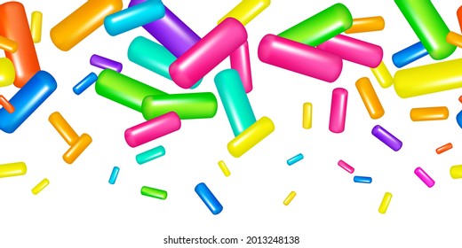  Sprinkle with grains of desserts. Seamless abstract pattern with realistic colorful sweet grains on white background. Design for holiday designs, party, birthday, invitation. Vector 3d sweet confetti