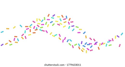 Sprinkle with grains of desserts. Seamless horizontal wavy pattern with realistic colorful sweet grains on white. Design for holiday designs, party, birthday, invitation. Vector 3d sweet confetti