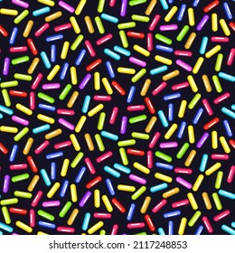 Sprinkle with grains of desserts. Seamless pattern bright colorful sprinkles grainy isolated on black. Design for holiday designs, party, birthday, invitation. Vector sweet confetti