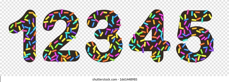 Sprinkle with grains of desserts. Set of numbers 1, 2, 3, 4, 5 of dark chocolate with sprinkles grainy on transparent. Design for holiday designs, party, birthday, invitation, web poster. Vector