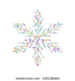 Sprinkle with grains of desserts. Sprinkled grainy abstract snowflake on white background. Design for holiday designs, party, birthday, invitation.Sprinkled grainy using rainbow colors. Vector