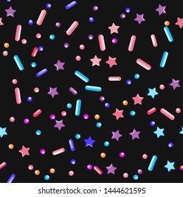 Sprinkle Ice Cream. Sprinkles Topping. Seamless Pattern. Sweet Confetti Background.  Ice Cream Dessert Background.Design Invitation Holiday, Party, Birthday. Bright Confectionery Illustration.