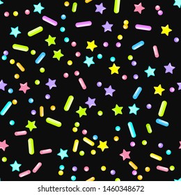 Sprinkle Ice Cream. Sprinkles Topping. Seamless Pattern. Sweet Confetti Background.  Ice Cream Dessert Background.Design Invitation Holiday, Party, Birthday. Bright Topping Pattern.