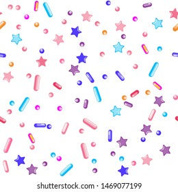 Sprinkle Ice Cream. Sprinkles Topping. Seamless Pattern. Sweet Confetti Background.  Ice Cream Dessert Background.Design Invitation Holiday, Party, Birthday. Cute Topping Pattern.