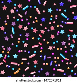Sprinkle Ice Cream. Sprinkles Topping. Seamless Pattern. Sweet Confetti Background.  Ice Cream Dessert Background.Design Invitation Holiday, Party, Birthday. Colorful Pastry Print.