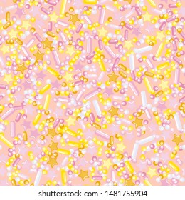 Sprinkle Ice Cream. Sprinkles Topping. Seamless Pattern. Sweet Confetti Background.  Ice Cream Dessert Background.Design Invitation Holiday, Party, Birthday. Delicious Party Design.
