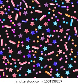 Sprinkle Ice Cream. Sprinkles Topping. Seamless Pattern. Sweet Confetti Background.  Ice Cream Dessert Background.Design Invitation Holiday, Party, Birthday. Coloured Confectionery Illustration.