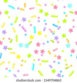 Sprinkle Ice Cream. Sprinkles Topping. Seamless Pattern. Sweet Confetti Background.  Ice Cream Dessert Background.Design Invitation Holiday, Party, Birthday. Delicious Party Design.