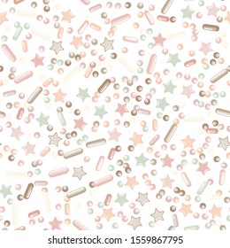 Sprinkle Ice Cream. Sprinkles Topping. Seamless Pattern. Sweet Confetti Background.  Ice Cream Dessert Background.Design Invitation Holiday, Party, Birthday. Colorful Confectionery Illustration.