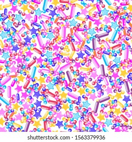 Sprinkle Ice Cream. Sprinkles Topping. Seamless Pattern. Sweet Confetti Background.  Ice Cream Dessert Background.Design Invitation Holiday, Party, Birthday. Delicious Confectionery Illustration.