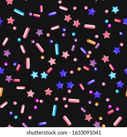 Sprinkle Ice Cream. Sprinkles Topping. Seamless Pattern. Sweet Confetti Background.  Ice Cream Dessert Background.Design Invitation Holiday, Party, Birthday. Cute Pastry Print.