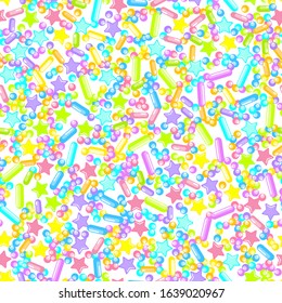 Sprinkle Ice Cream. Sprinkles Topping. Seamless Pattern. Sweet Confetti Background.  Ice Cream Dessert Background.Design Invitation Holiday, Party, Birthday. Delicious Confectionery Illustration.