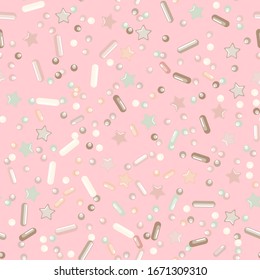 Sprinkle Ice Cream. Sprinkles Topping. Seamless Pattern. Sweet Confetti Background.  Ice Cream Dessert Background.Design Invitation Holiday, Party, Birthday. Sparkle Confectionery Illustration.