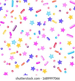 Sprinkle Ice Cream. Sprinkles Topping. Seamless Pattern. Sweet Confetti Background.  Ice Cream Dessert Background.Design Invitation Holiday, Party, Birthday. Cute Confectionery Illustration.