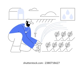 Sprinkle irrigation systems abstract concept vector illustration. Worker setting irrigation equipment on farm field, agribusiness industry, agricultural input sector abstract metaphor.