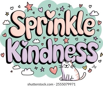 Sprinkle kindness inspirational quote with cute cat and pastel colors. Tees for girls