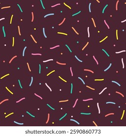 Sprinkle Pattern. Rainbow dotted lines on chocolate background. Small dash seamless backdrop. Vector Illustration in scandinavian style.