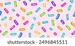 Sprinkle realistic with grains of desserts. Seamless pattern bright colorful sprinkles grainy isolated on pink. Design for holiday designs, party, birthday, invitation. Vector 3d sweet confetti